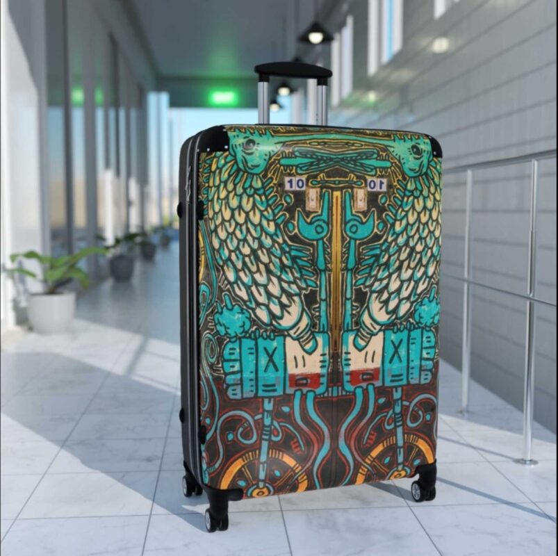 A designer hard shell suitcase featuring Nagualism Underworld-inspired print.