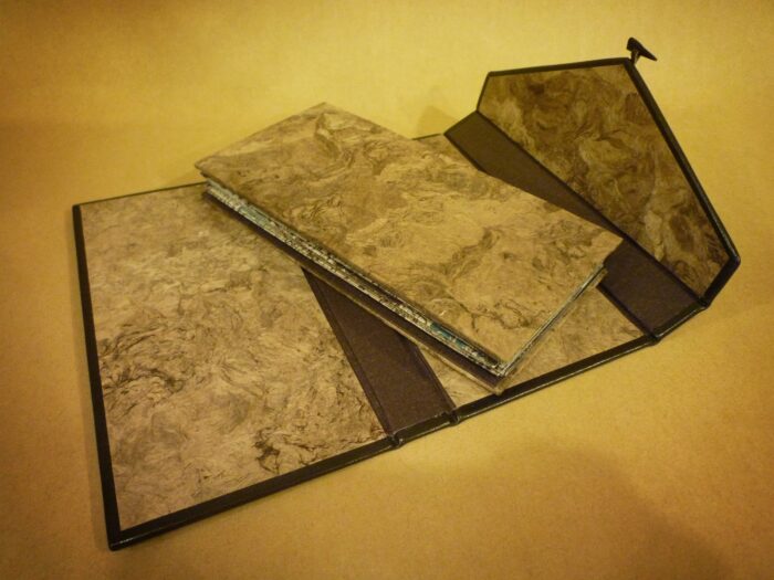 The Dresden Codex, an ancient Mayan manuscript, shown in a marble-patterned protective case with the folded codex partially removed and displayed.