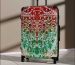 A close up image of a hard-shell patterned suitcase.